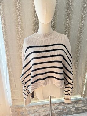 Free People Cream & Black Striped Crewneck Sweater
